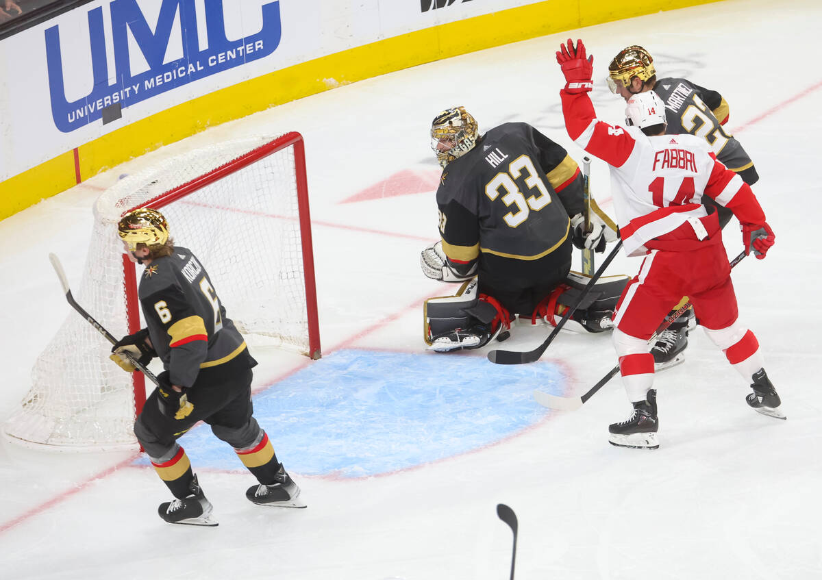 Detroit Red Wings center Robby Fabbri (14) celebrates after a goal by Detroit Red Wings left wi ...