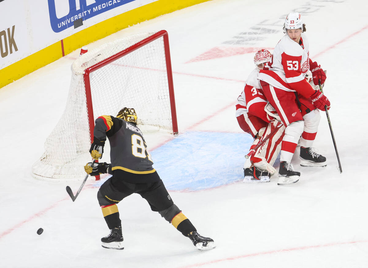 Vegas Golden Knights center Jonathan Marchessault (81) misses a pass in the final seconds of th ...