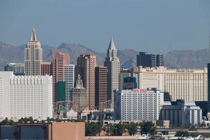 FILE - The Las Vegas Strip skyline as seen from McCarran International Airport in Las Vegas on ...