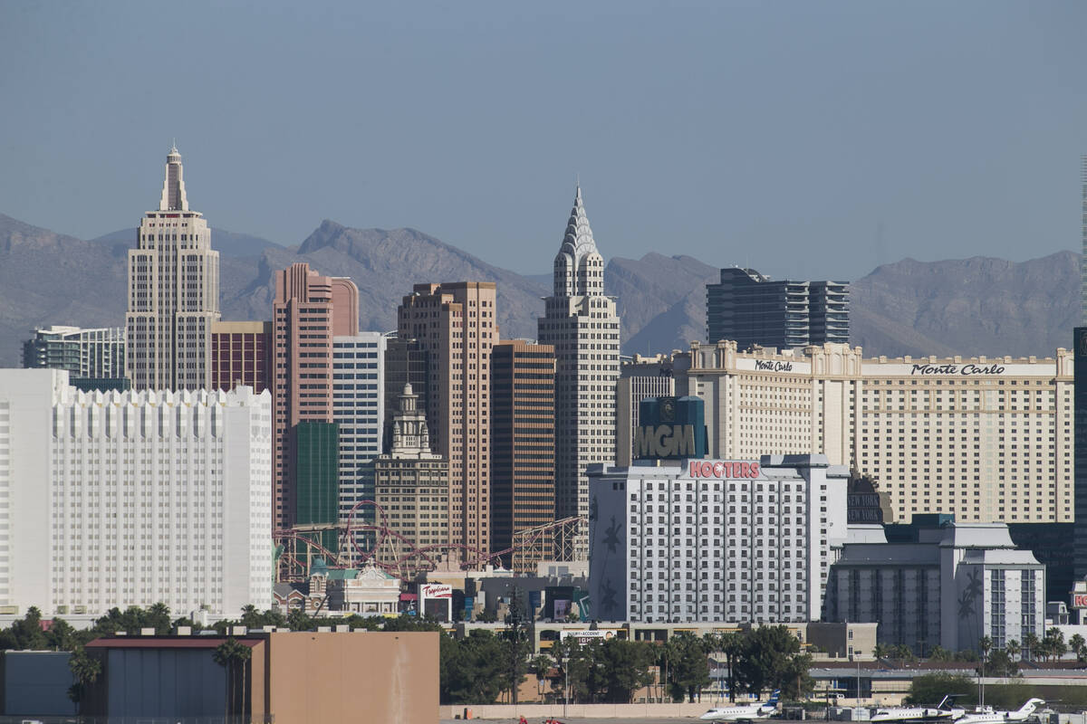 FILE - The Las Vegas Strip skyline as seen from McCarran International Airport in Las Vegas on ...