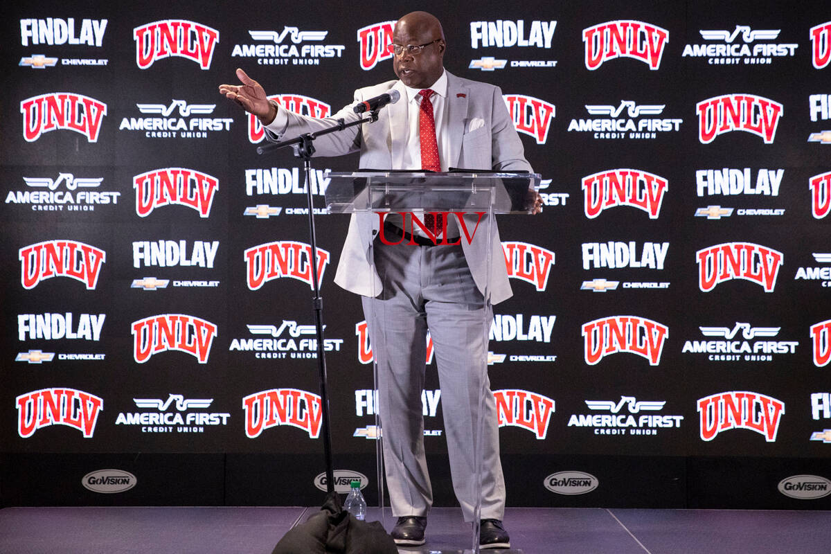 Erick Harper gives a speech during a press conference announcing him as the new UNLV director o ...