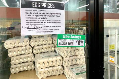A sign explaining egg prices is seen at WinCo Foods on North Stephanie Street in Henderson on T ...
