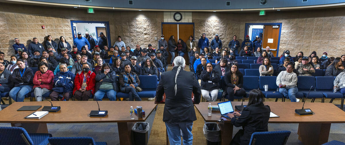 Shoshone-Paiute Tribal Chairman Brian Mason tells tribal workers Monday that areas of their tow ...