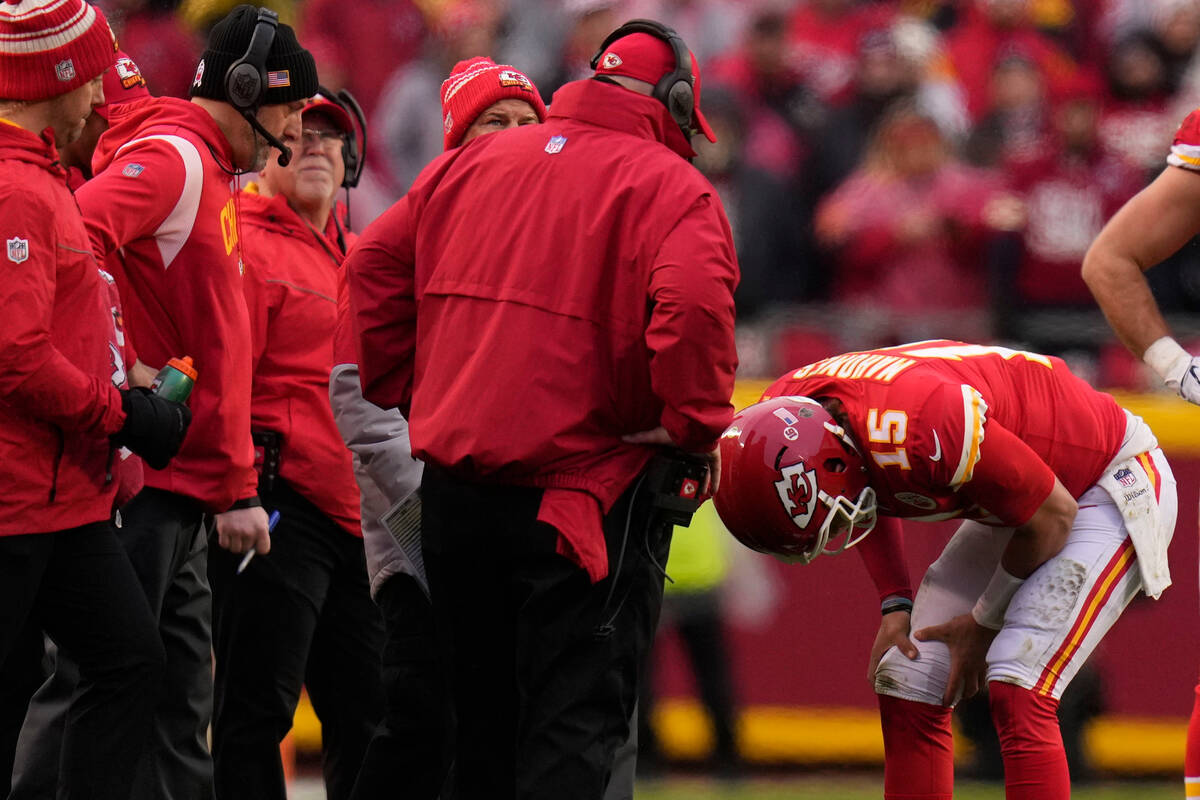 Kansas City Chiefs quarterback Patrick Mahomes (15) takes a moment after a play agaimst the Jac ...