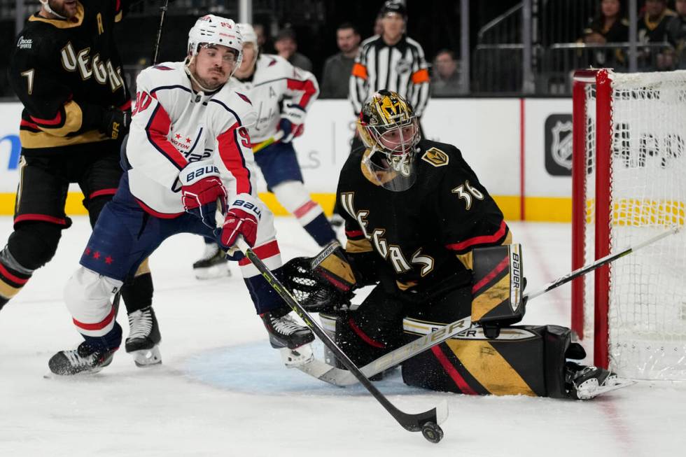 Washington Capitals left wing Marcus Johansson (90) attempts a shot against Vegas Golden Knight ...