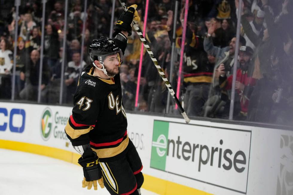 Vegas Golden Knights center Paul Cotter (43) celebrates after scoring against the Washington Ca ...