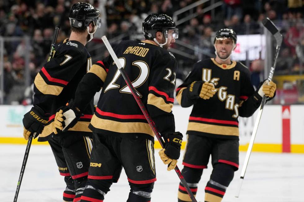 Vegas Golden Knights right wing Michael Amadio (22) celebrates after scoring against the Washin ...