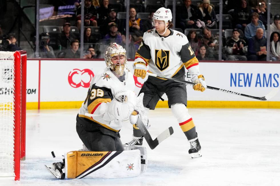 Vegas Golden Knights goaltender Logan Thompson (36) gives up a goal to Arizona Coyotes' Dylan G ...