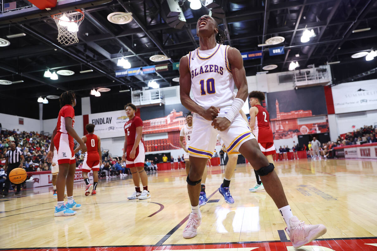 Durango's Tylen Riley (10) reacts after scoring a basket during the second half of a Big City S ...