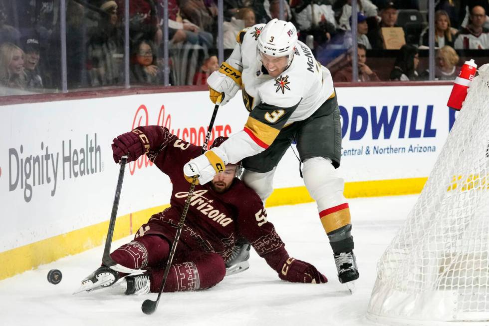 Vegas Golden Knights defenseman Brayden McNabb (3) and Arizona Coyotes left wing Michael Carcon ...