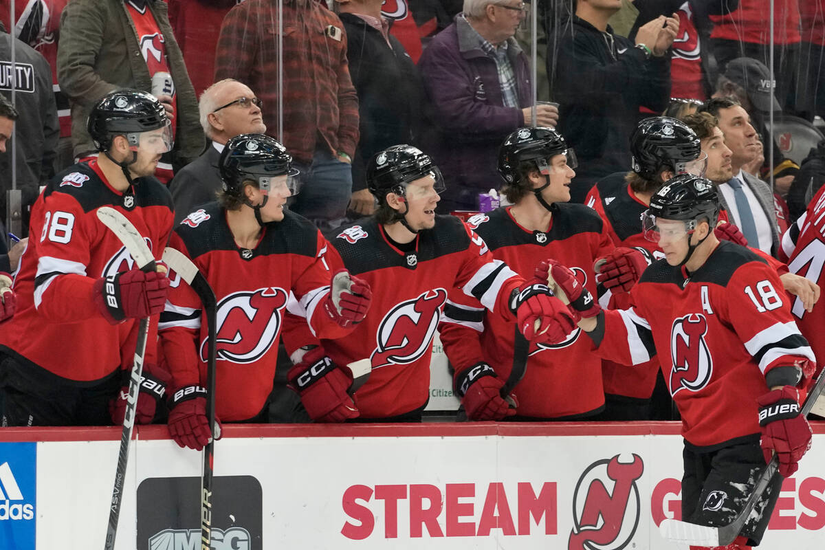 New Jersey Devils left wing Ondrej Palat (18) celebrates after scoring against the Vegas Golden ...