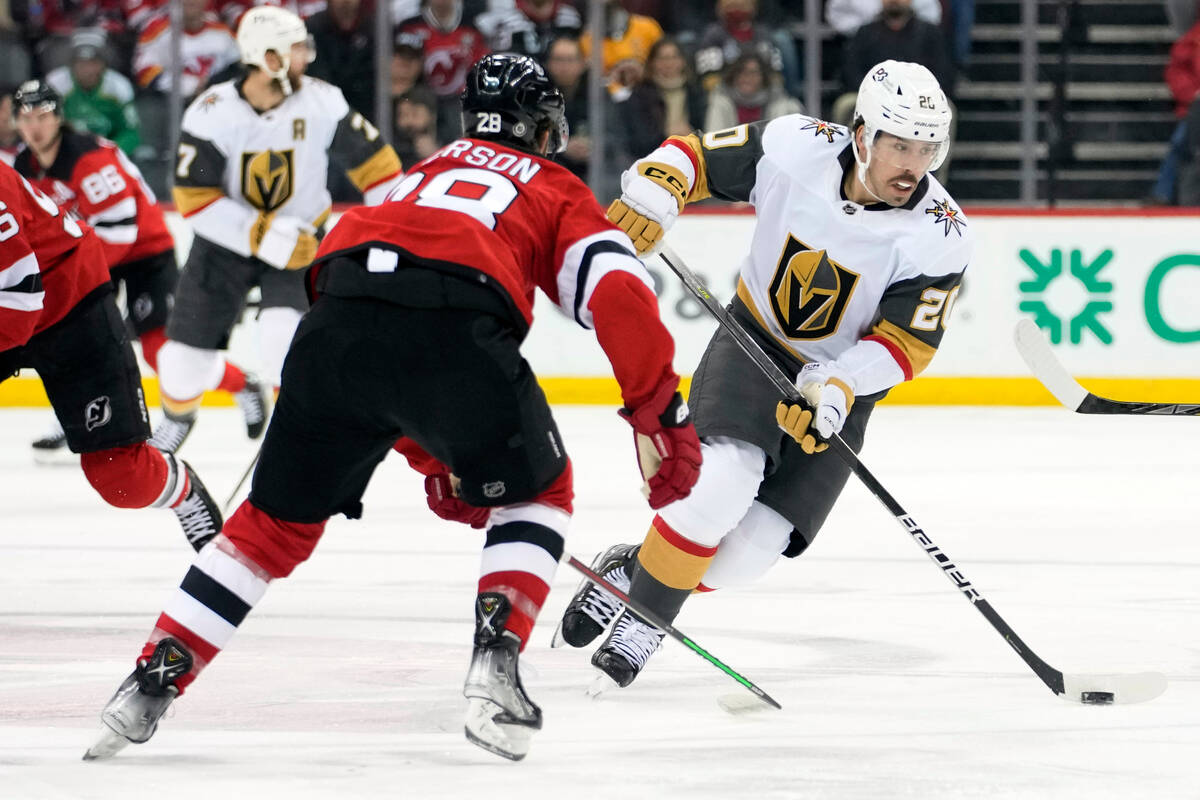 Vegas Golden Knights center Chandler Stephenson (20) skates against New Jersey Devils defensema ...