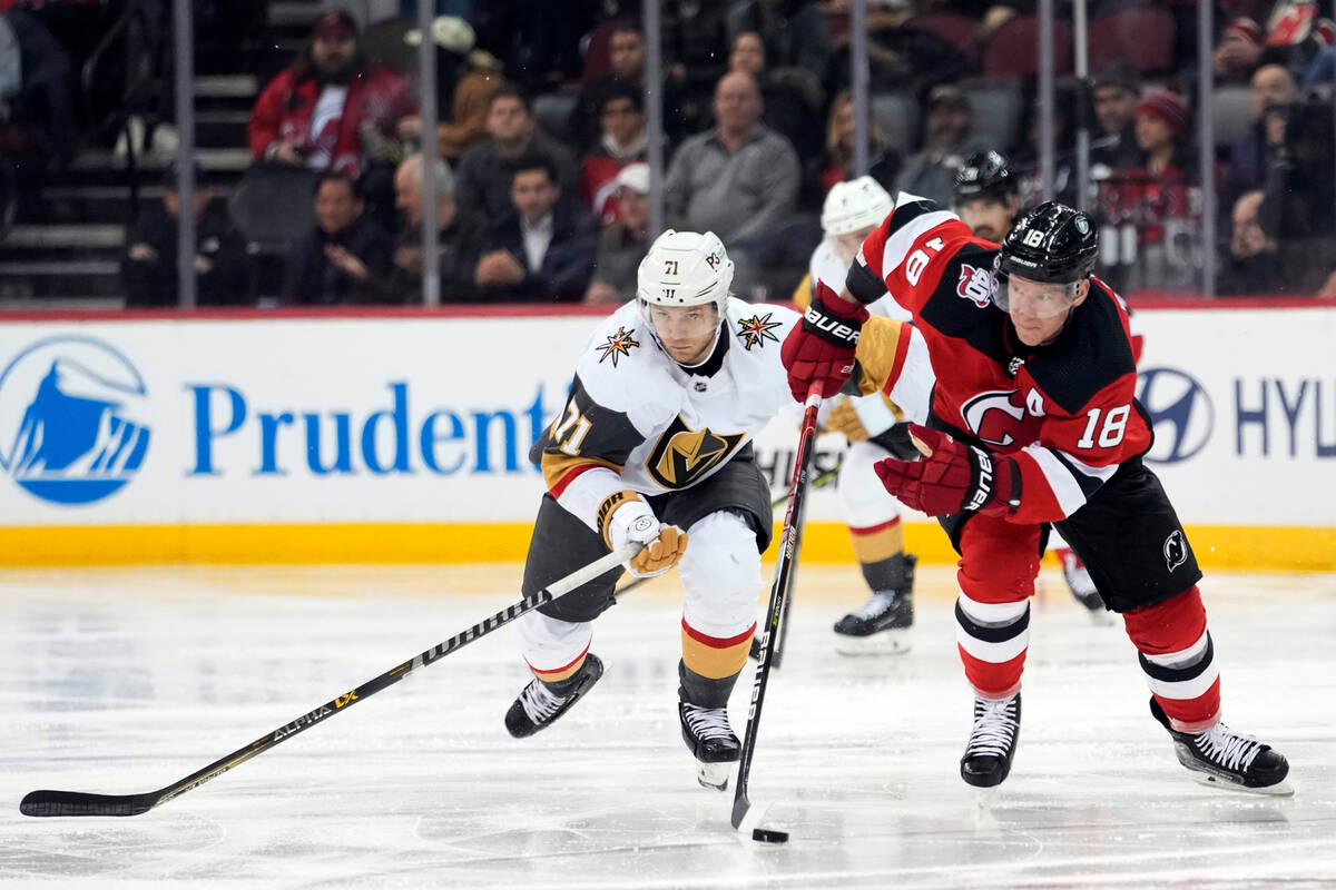 New Jersey Devils left wing Ondrej Palat (18) skates against Vegas Golden Knights center Willia ...