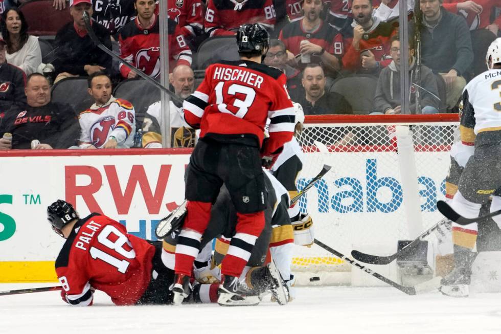 New Jersey Devils left wing Ondrej Palat (18) scores against the Vegas Golden Knights during th ...