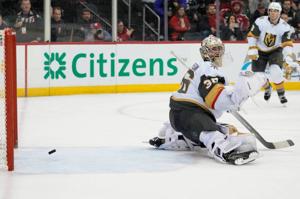 New Jersey Devils defenseman Dougie Hamilton scores the game winning game past Vegas Golden Kni ...