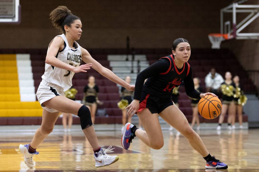 Coronado’s Kaylee Walters (14) dribbles around Faith Lutheran’s Leah Mitchell, le ...