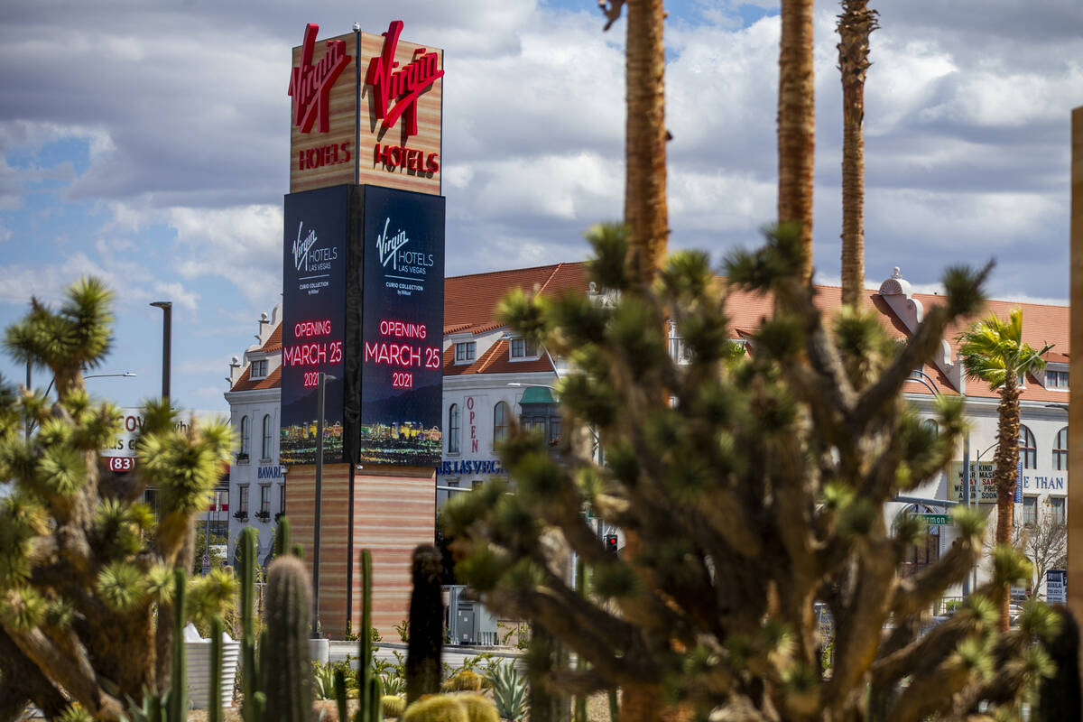 Exterior signage for the reimagined and re-conceptualized casino resort Virgin Hotels Las Vegas ...