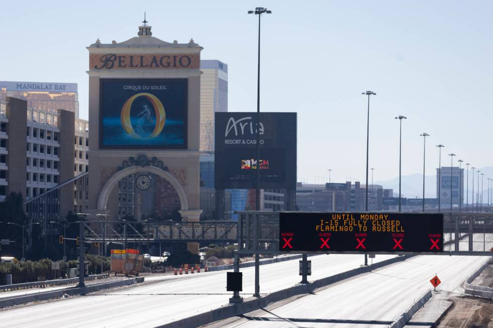 The completely closed I-15 freeway between Russell and Flamingo roads is seen from near the Fla ...