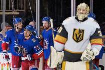 Vegas Golden Knights goaltender Adin Hill looks away after New York Rangers center Filip Chytil ...