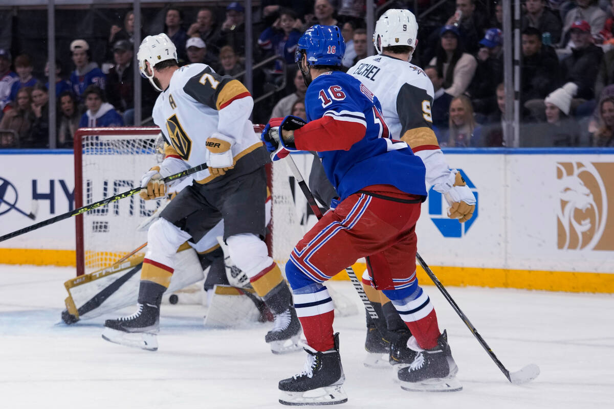 New York Rangers center Vincent Trocheck (16) scores against the Vegas Golden Knights during th ...