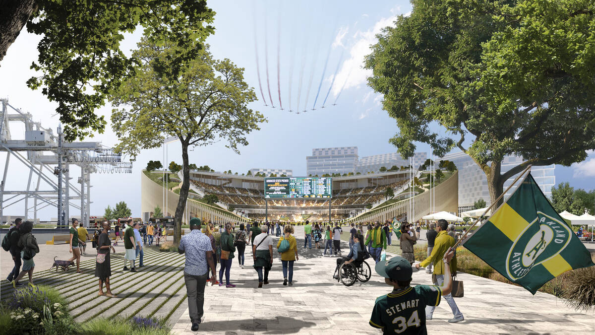 This artists rendering provided by BIG/Oakland A's show the proposed stadium for the Oakland At ...