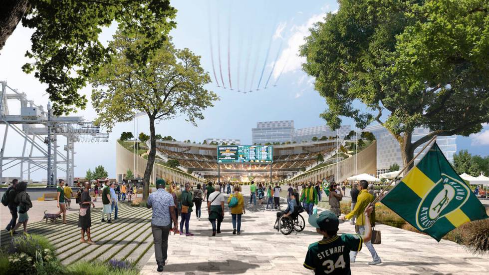 This artists rendering provided by BIG/Oakland A's show the proposed stadium for the Oakland At ...