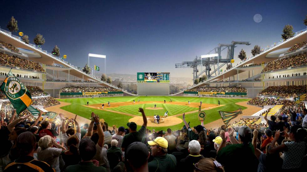 This artists rendering provided by BIG/Oakland A's show the proposed stadium for the Oakland At ...