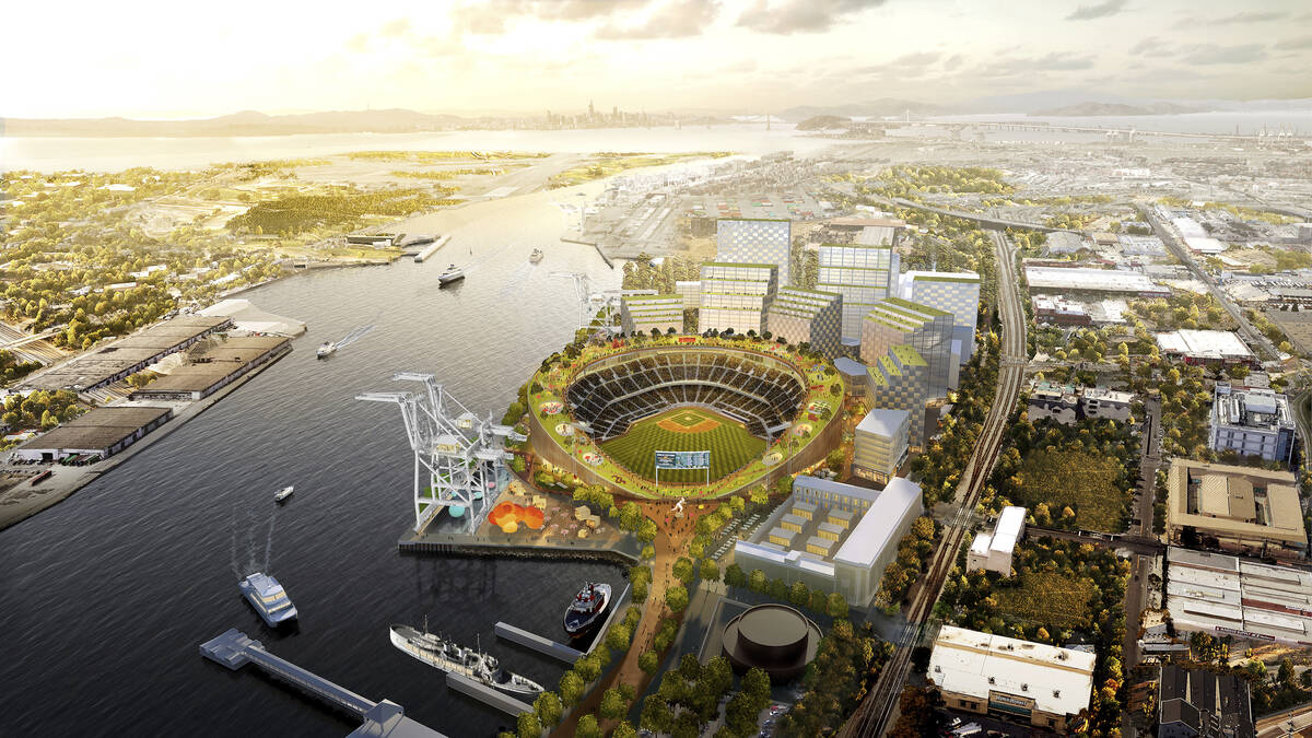 This artists rendering provided by BIG/Oakland A's show the proposed stadium for the Oakland At ...