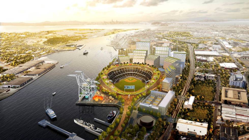 This artists rendering provided by BIG/Oakland A's show the proposed stadium for the Oakland At ...