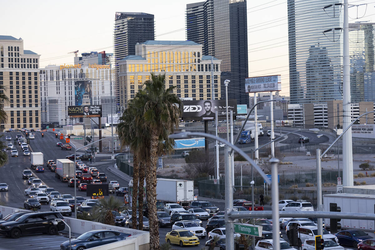 Traffic is seen at the intersection of Flamingo Road and Valley View Boulevard as construction ...