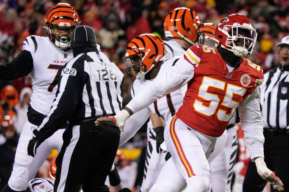 Kansas City Chiefs defensive end Frank Clark (55) celebrates during the first half of the NFL A ...