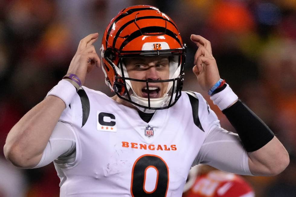 Cincinnati Bengals quarterback Joe Burrow calls an audible against the Kansas City Chiefs durin ...