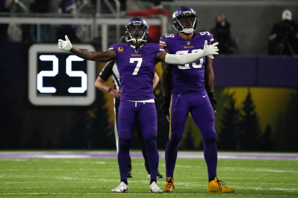 Minnesota Vikings cornerback Patrick Peterson (7) celebrates on the field during second half of ...