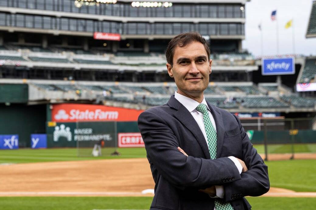 Oakland Athletics President Dave Kaval poses for a picture before the opening night game agains ...