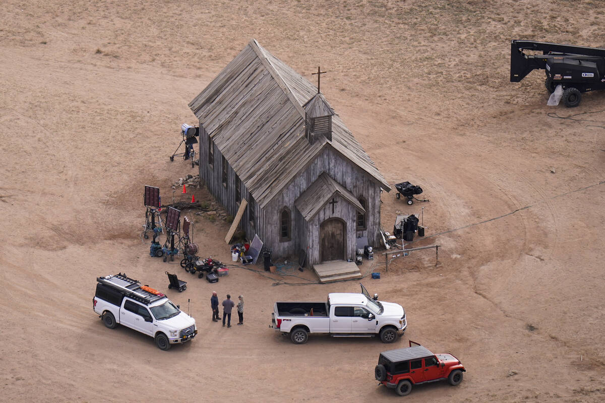 FILE - This aerial photo shows the movie set of "Rust" at Bonanza Creek Ranch in San ...