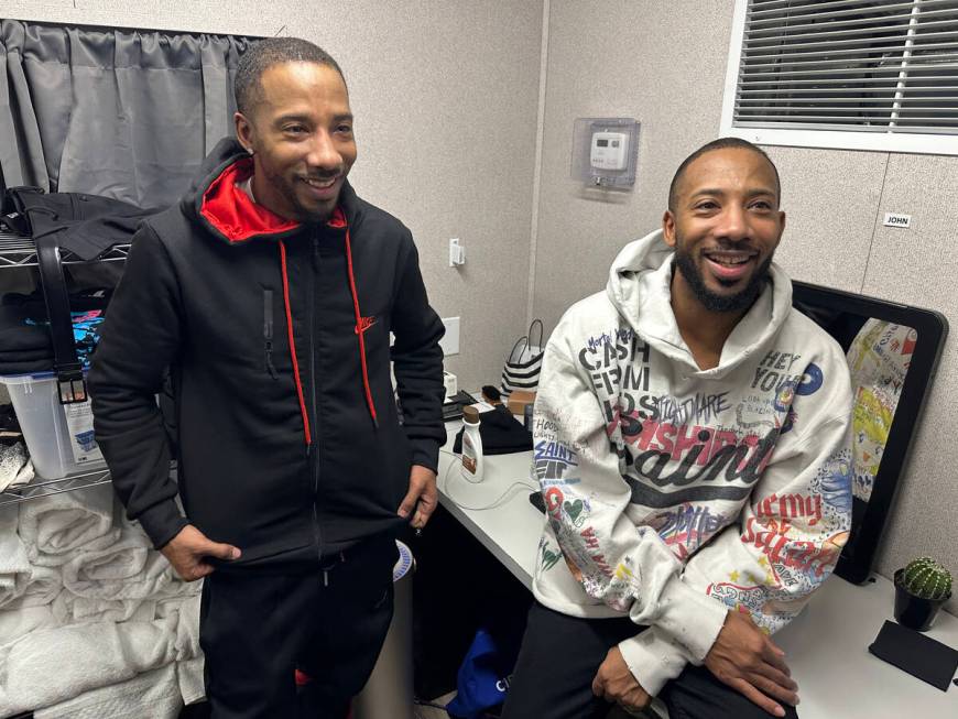 Tap dancing twin brothers Sean, left, and John Scott after their performance in “Absinth ...