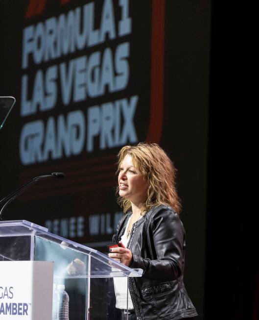 Renee Wilm, CEO of the Las Vegas Grand Prix, speaks during the Vegas Chamber's annual forecasti ...