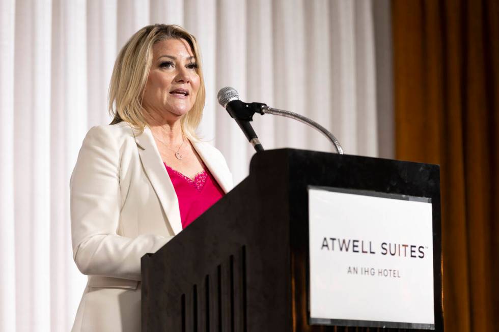 Henderson Mayor Michelle Romero speaks during a groundbreaking for the Atwell Suites hotel at T ...