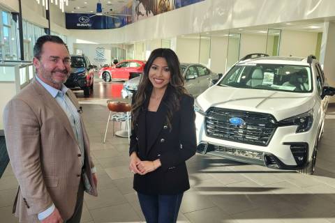Centennial Subaru General Manager Ryon Walters and Channel 13 sports reporter Tina Nguyen discu ...
