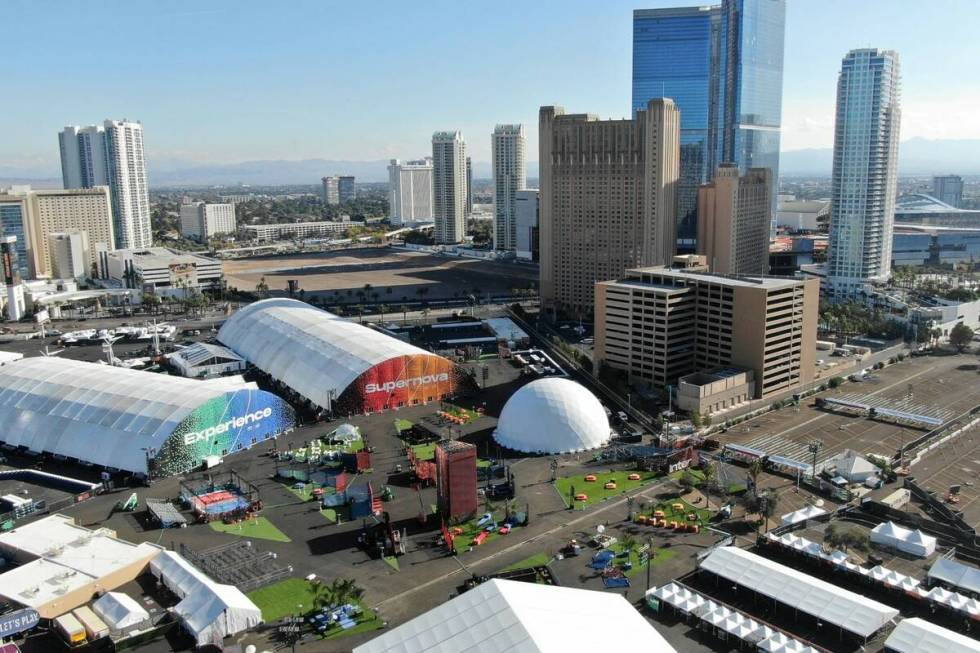 Aerial view of the Las Vegas Festival Grounds at the corner of Sahara and Las Vegas Boulevard i ...