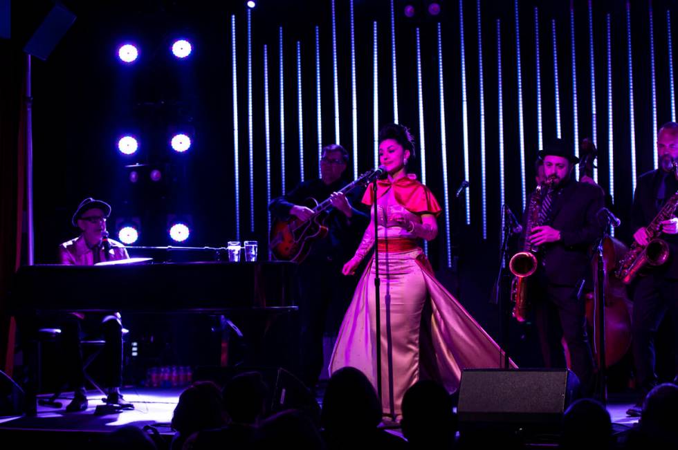 Jeff Goldblum, left, performs with Melody Sweets, center right, and the Mildred Snitzer Orchest ...