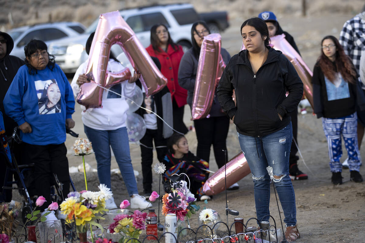 Lucy Mae, right, speaks during a memorial for her sister Anna Scott, a member of the Pyramid La ...