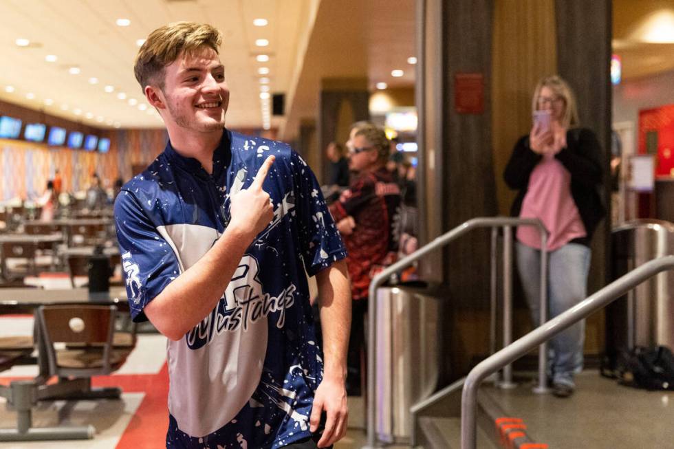 Shadow Ridge's Seth Stovall celebrates his win in the high school boy's 5A bowling state indivi ...