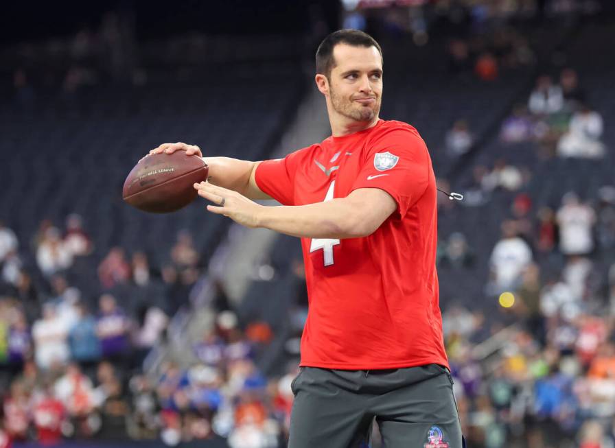 Las Vegas Raiders quarterback Derek Carr warms up before the NFL Pro Bowl Games at Allegiant St ...