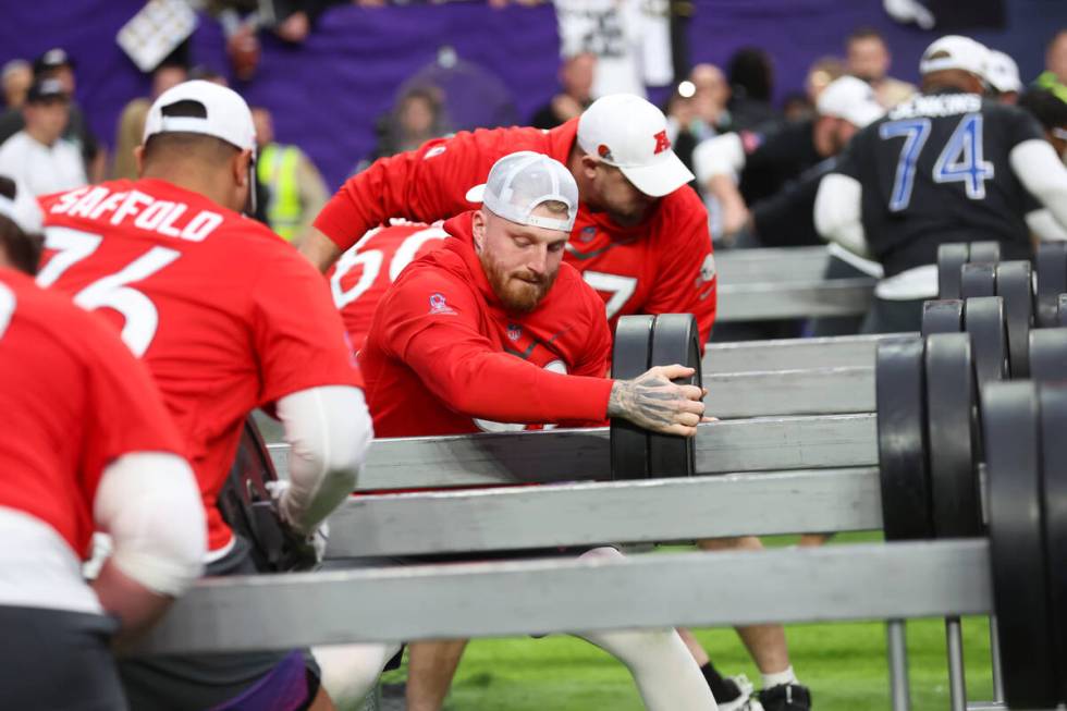 Las Vegas Raiders defensive end Maxx Crosby (98) competes in the move the chains event during t ...