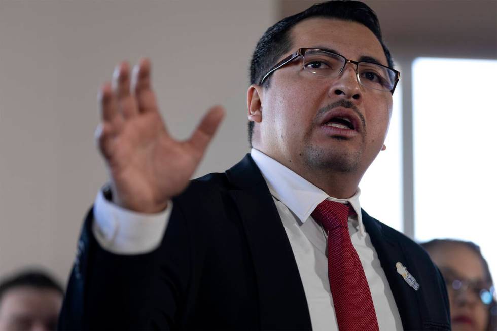 Nevada Sen. Edgar Flores, D-Las Vegas, speaks at a press conference held by the Nevada Latino L ...