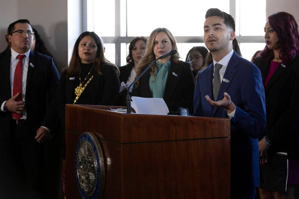 Nevada Sen. Fabian Doñate, D-Las Vegas, speaks at a press conference held by the Nevada Latino ...