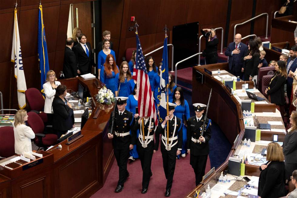 The Carson High School color guard makes an entrance for the Assembly’s opening ceremony ...