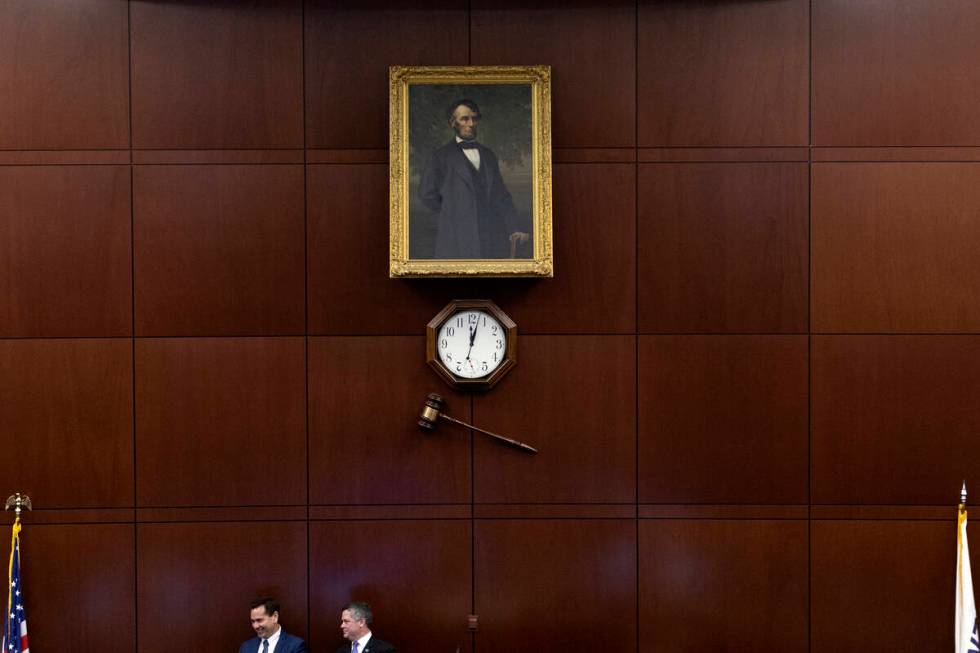 Secretary of State Cisco Aguilar, left, hands over the speakership to Assemblyman Steve Yeager, ...