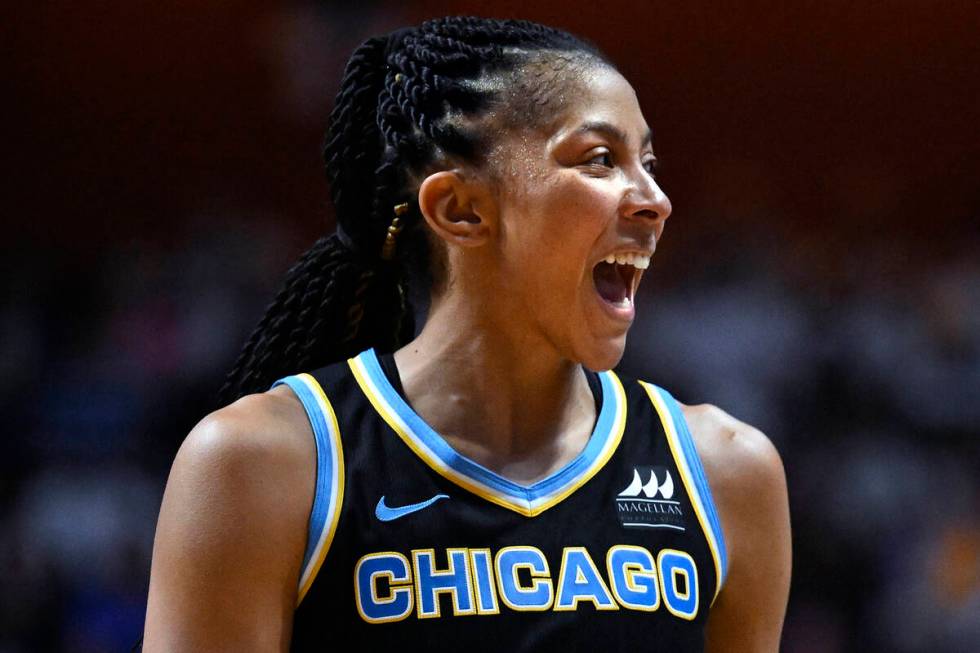 Chicago Sky forward Candace Parker reacts during Game 3 of a WNBA basketball semifinal playoff ...